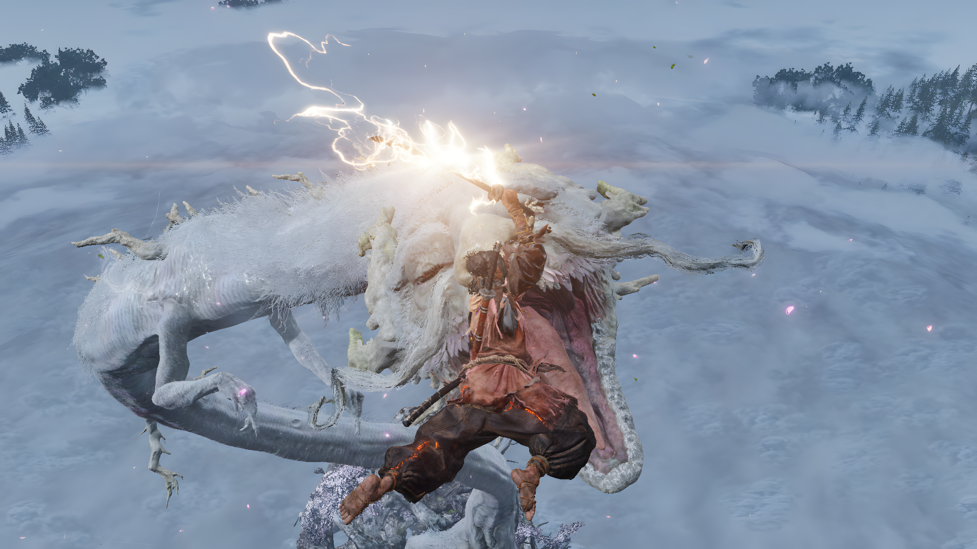 An intense battle scene from Sekiro: Shadows Die Twice in stunning 8K Ultra HD, featuring a warrior striking a massive white dragon amid a snowy, misty landscape.
