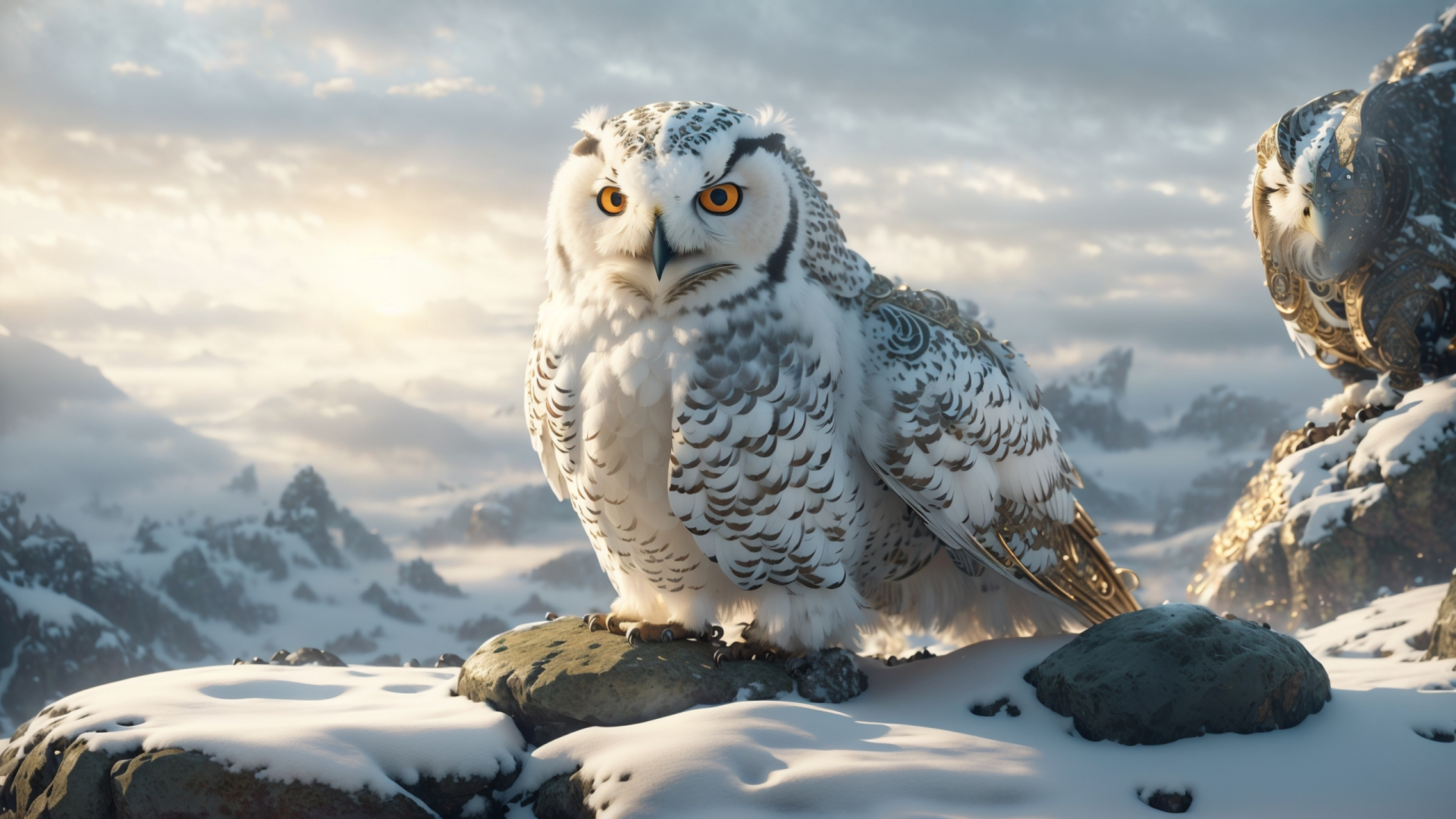 White snowy owl on a snow-covered mountain ledge under a cloudy sky — 2K Quad HD PC desktop wallpaper of a winter mountain animal scene.
