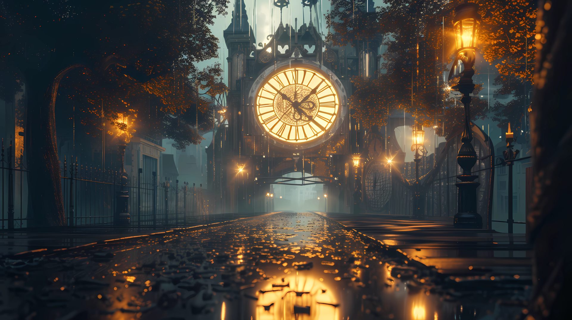 HD desktop wallpaper featuring a fantastical, rain-drenched street with a grand illuminated clock, set against a mysterious, gothic backdrop.
