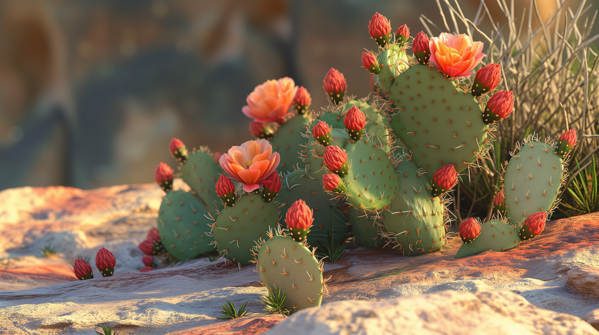 A vibrant prickly pear cactus blooms in a desert setting, showcasing stunning red buds and soft orange flowers. This high-definition image serves as a captivating desktop wallpaper.