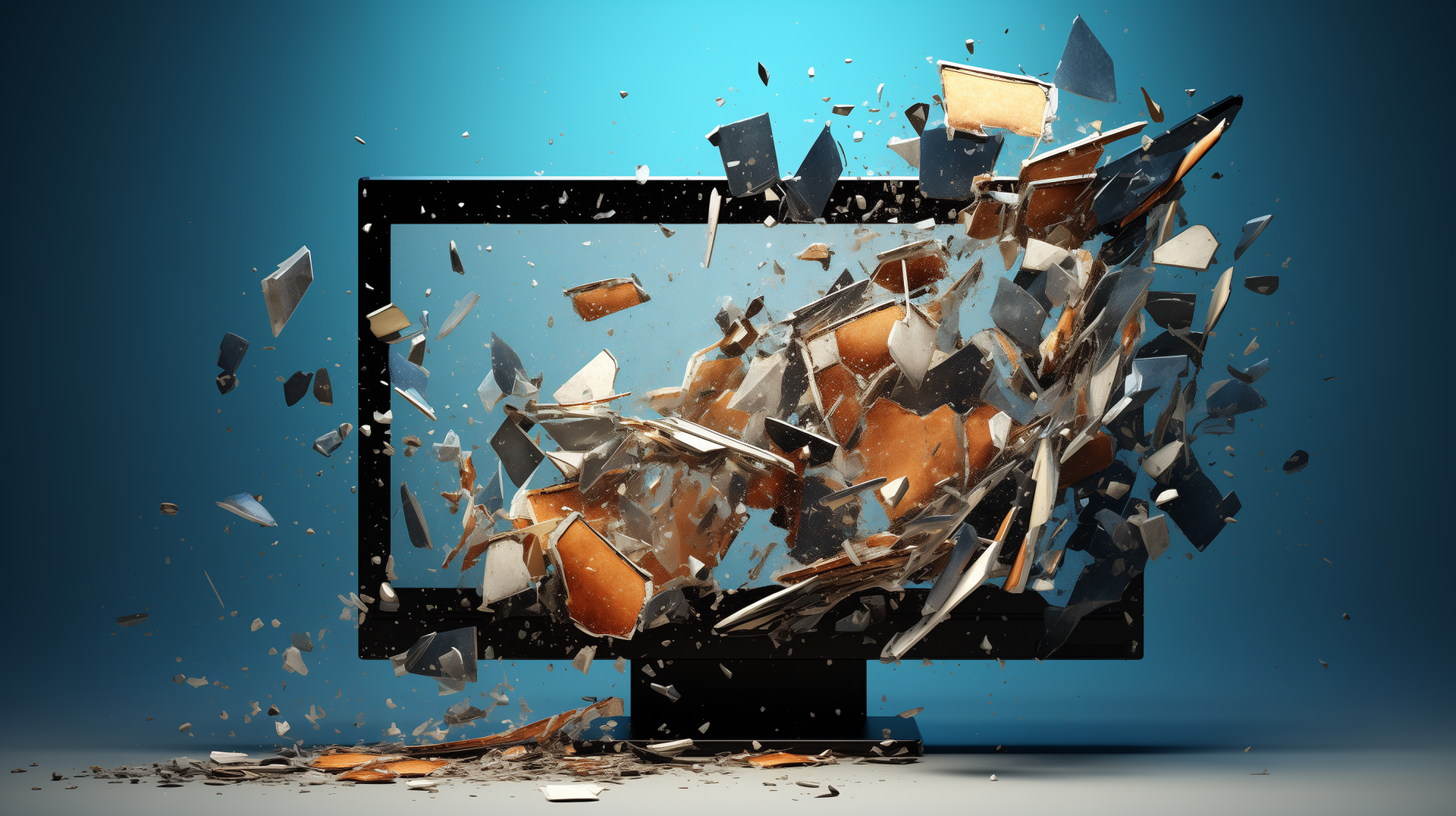 HD wallpaper of a computer monitor with a visually striking broken screen effect, with shards appearing to burst out towards the viewer.