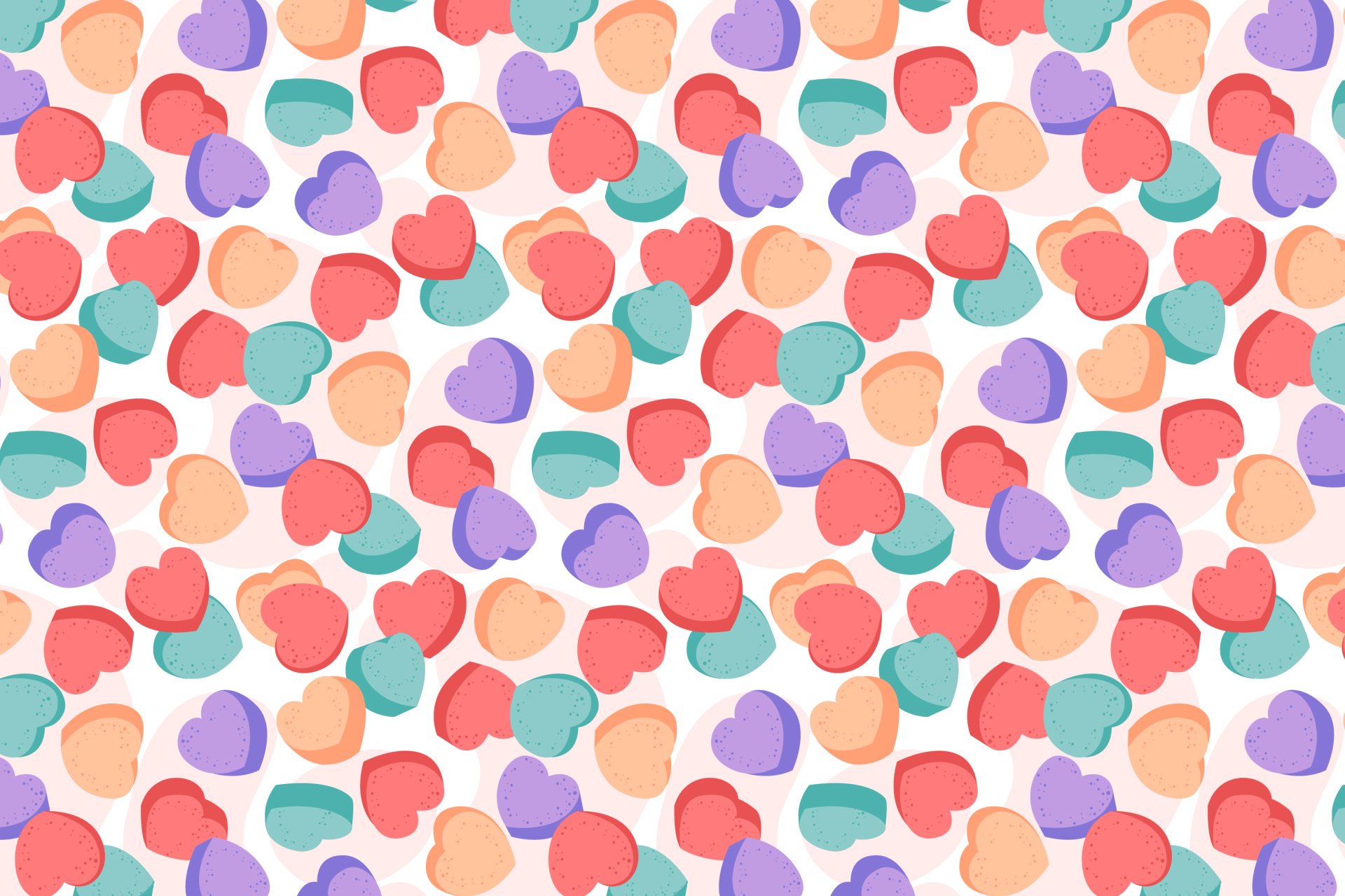 2K Quad HD PC desktop wallpaper showing a repeating pattern of pastel candy hearts in pink, red, purple, teal and peach for a Valentine's Day background.
