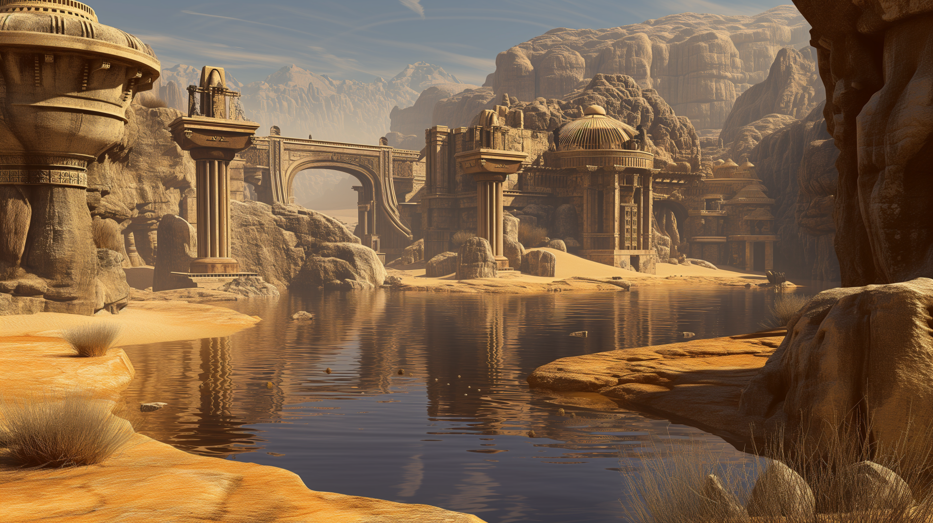 HD wallpaper featuring a serene desert oasis with ancient ruins and tranquil waters framed by rocky outcrops.