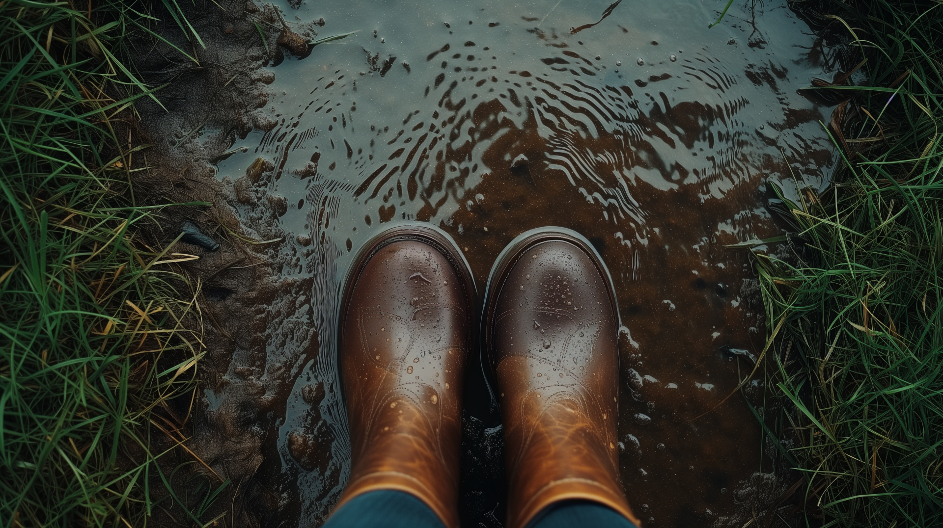 Person wearing rain boots standing in muddy water, grass edge visible; a crisp HD desktop wallpaper with a rain theme.