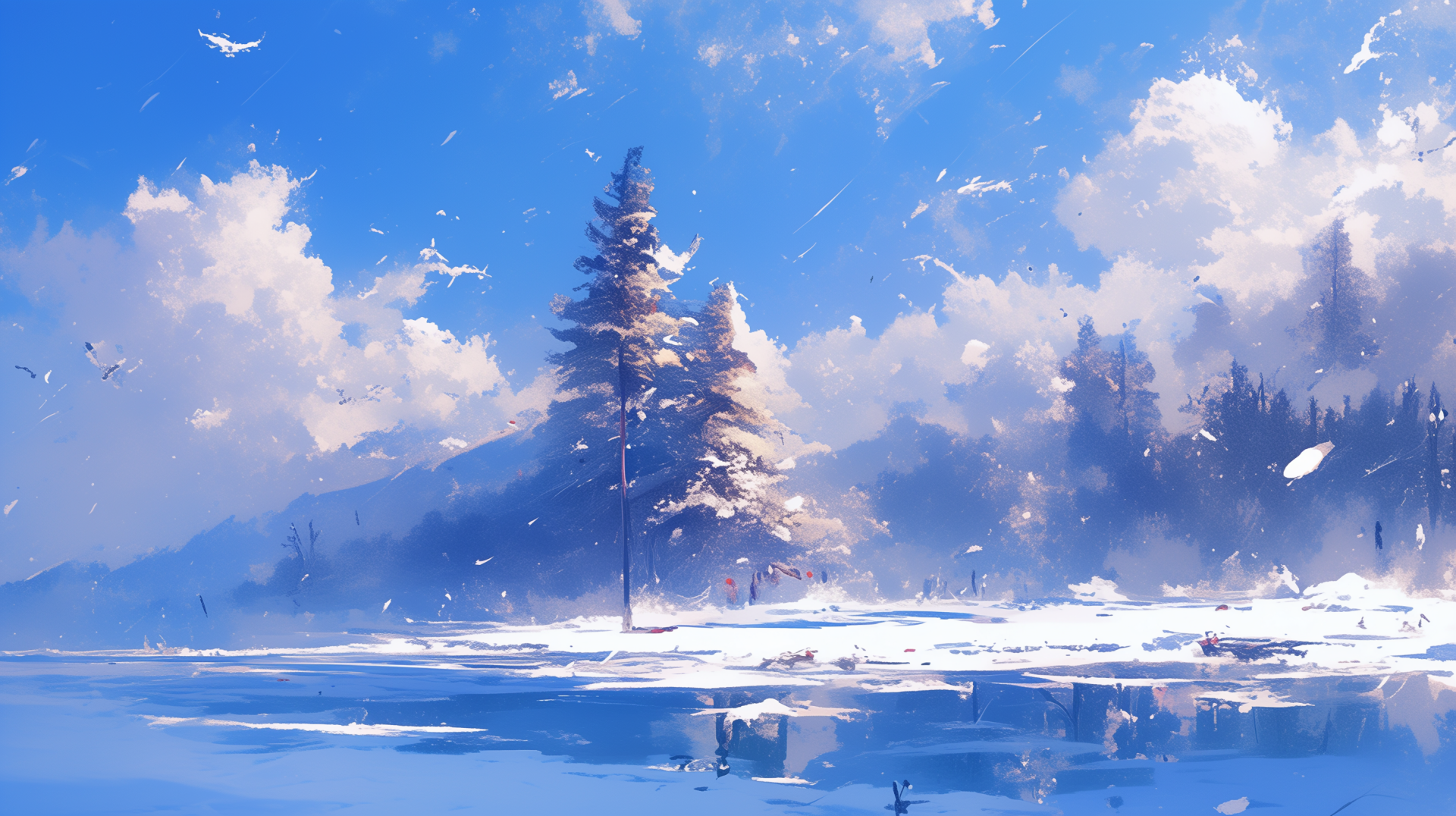 HD wallpaper of a serene, snowy landscape with a lone tree, glowing under a bright wintery sky.