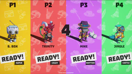 HD desktop wallpaper from Super Crazy Rhythm Castle featuring colorful character panels marked P1 to P4, each with unique animated characters ready for gameplay.