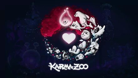 HD desktop wallpaper for the video game KarmaZoo, featuring whimsical cartoon animals arranged around a glowing heart, set against a dark, mystical background.