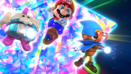 HD desktop wallpaper featuring characters from Super Mario RPG (2023), including Mario and his allies, set against a vibrant, colorful crystal background.