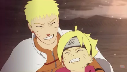 HD wallpaper of a heartwarming scene from NARUTO X BORUTO Ultimate Ninja STORM CONNECTIONS featuring two animated characters, with one smiling broadly and the other making a playful face.