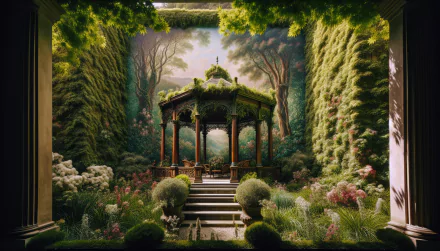 HD desktop wallpaper of a gazebo set in an enchanting garden, framed by lush greenery and flowering plants, presenting a serene background.