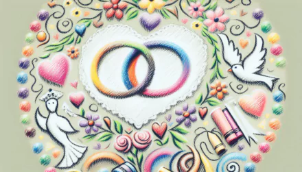Colorful wedding-themed HD wallpaper featuring intertwined rings, white doves, and romantic hearts and flowers.