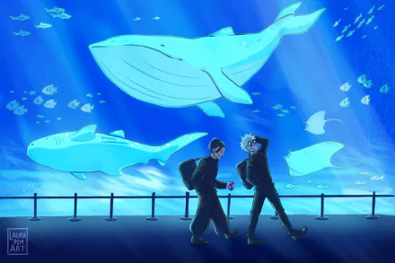 HD anime desktop wallpaper featuring Suguru Geto and Satoru Gojo from Jujutsu Kaisen walking in front of a large aquarium with whales and fish.