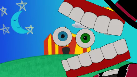 Funny HD PC desktop wallpaper from the series The Amazing Digital Circus, featuring colorful cartoon eyes and oversized teeth against a playful nighttime background.