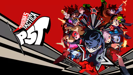 HD desktop wallpaper of Persona 5 Tactica featuring stylized characters in action poses on a dynamic red and black background.