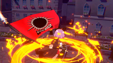HD desktop wallpaper featuring a scene from Persona 5 Tactica with vibrant magical circles and the iconic red flag emblem.