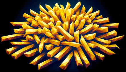 HD wallpaper of stylized digital art featuring a burst of golden french fries on a dark background.