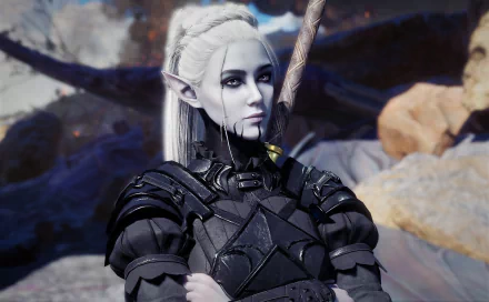 HD desktop wallpaper featuring a character from Baldur's Gate 3, an elf in black armor set against a rocky landscape background.