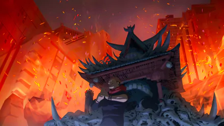 A dramatic HD wallpaper featuring Sukuna from Jujutsu Kaisen, set against a fiery backdrop of destruction and chaos, showcasing the intense atmosphere of the anime.