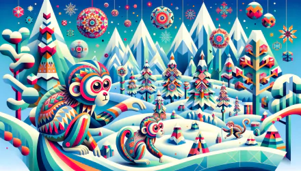 Colorful illustration of snow monkeys in a whimsical winter landscape for HD desktop wallpaper and background.
