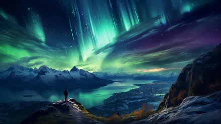 Hiker admiring the stunning Aurora Borealis over snowy mountains, a perfect HD wallpaper for desktop backgrounds.