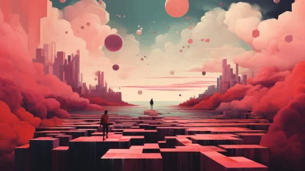 Fantasy cityscape HD desktop wallpaper with surreal floating spheres and figures amidst geometric shapes under a dreamy pink sky.