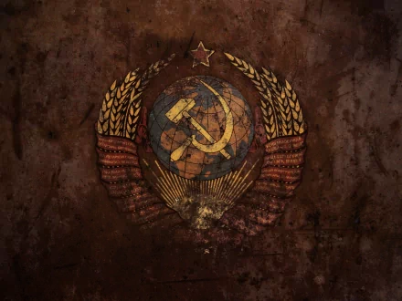 HD desktop wallpaper depicting a Soviet emblem featuring a hammer and sickle overlaid on a globe, framed by sheaves of wheat on a textured, brown background, symbolizing communism.