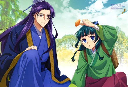 HD desktop wallpaper featuring characters from The Apothecary Diaries, with a thoughtful Maomao in traditional attire sitting beside a mysterious purple-clad figure, set against a serene natural backdrop.