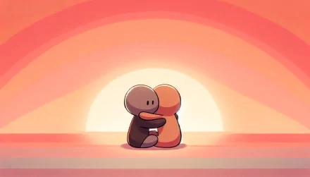 Two abstract figures, one dark and one light, embrace against a warm, colorful sunset background. This HD wallpaper captures a serene moment of connection and warmth.