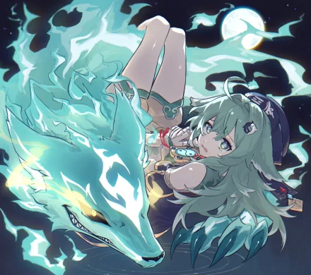 HD wallpaper of Huohuo from Honkai: Star Rail, featuring the character in dynamic action surrounded by blue flames.