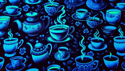 A visually striking HD wallpaper featuring an array of intricately designed cups and teapots, all steaming with black tea, set against a vibrant blue floral background.