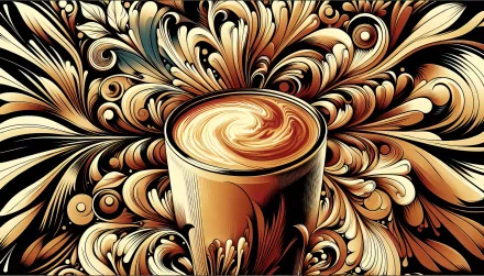 Artistic HD wallpaper featuring a stylized latte with intricate cream swirl patterns on a decorative abstract background.