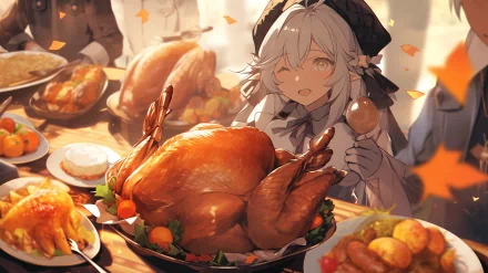 HD Thanksgiving-themed desktop wallpaper featuring an animated character with a festive turkey and autumnal decorations.