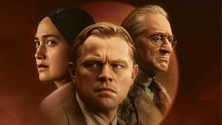 HD desktop wallpaper featuring movie artwork for Killers of the Flower Moon with three intense character portraits on a warm-toned backdrop.