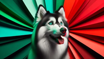 A vibrant HD wallpaper featuring a husky with striking blue eyes, positioned against a colorful background of radiating green and red tones.