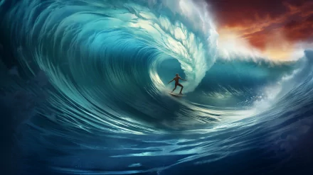 Surfer riding a massive wave at sunset, perfect as an HD surfing-themed desktop wallpaper and background.