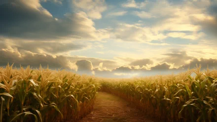 A serene landscape features tall cornstalks flanking a path, under a dramatic sky filled with soft clouds, creating a beautiful HD desktop wallpaper and background.
