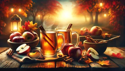 A warm autumn scene featuring two mugs of apple cider with cinnamon sticks, surrounded by fresh apples and vibrant fall leaves, creating a cozy atmosphere for your desktop wallpaper.