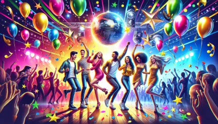 Vibrant HD party-themed desktop wallpaper featuring a group of people dancing with festive balloons and a disco ball.