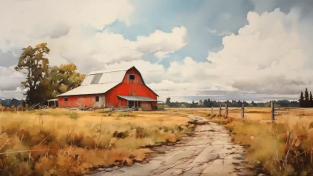 HD desktop wallpaper featuring a picturesque red barn surrounded by a rustic fence and golden fields under a cloudy sky.