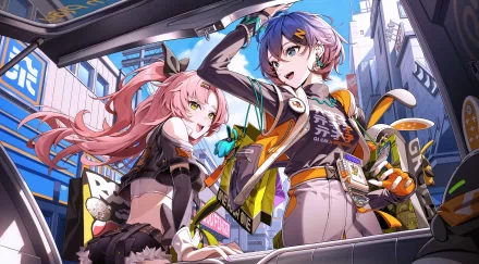 4K Ultra HD wallpaper featuring Nicole Demara and Belle from the video game Zenless Zone Zero in a vibrant urban setting.