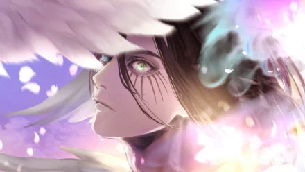 HD wallpaper featuring an intense close-up of Eren Yeager from Attack on Titan, with a dynamic and ethereal background.