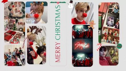 HD PC desktop wallpaper featuring Stray Kids KPOP members in festive Christmas-themed photos with holiday decorations and red noses.