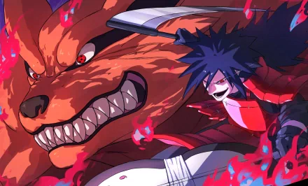 HD anime wallpaper featuring Madara Uchiha and Kurama from Naruto, showcasing intense Sharingan eyes and dynamic fiery effects.