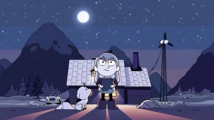 A whimsical HD background featuring Hilda standing proudly with her dog under a moonlit sky, set against a cozy cabin and majestic mountains.