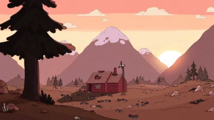 HD desktop wallpaper featuring an animated scene from Hilda with a red cabin in a serene mountainous landscape at sunset.