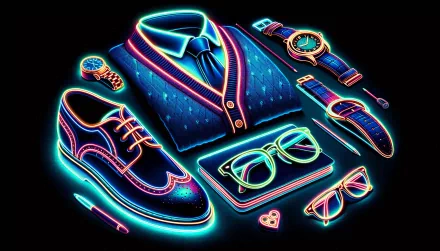 Neon-lit preppy fashion items including shirt, sweater vest, shoes, watch, belt, and glasses on a dark background - HD desktop wallpaper.