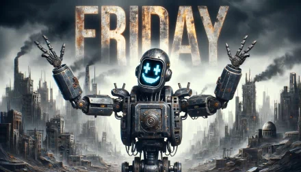Futuristic robot with illuminated face and multiple arms set against a dystopian cityscape with the word 'FRIDAY' overhead – HD desktop wallpaper and background with a Friday theme.