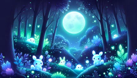 Cute aesthetic HD desktop wallpaper featuring an enchanting forest scene with glowing rabbits under a luminous full moon.