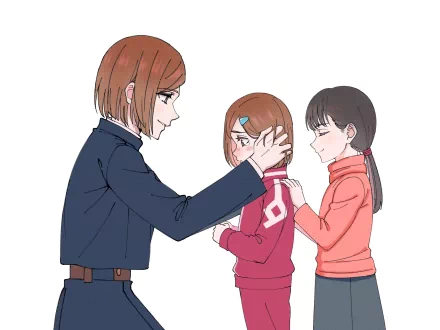 HD anime wallpaper featuring Nobara Kugisaki and Fumi from Jujutsu Kaisen, showcasing a gentle moment between the characters in a clean, minimalistic style.