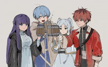 HD PC desktop wallpaper featuring anime characters from Frieren: Beyond Journey's End, showcasing four friends raising wooden mugs in a cheerful toast.